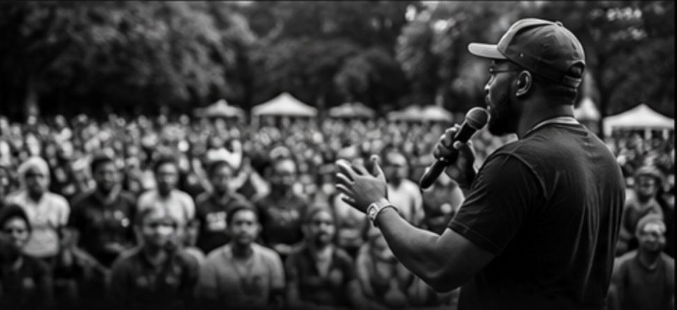 A community speaker addressing an outdoor audience