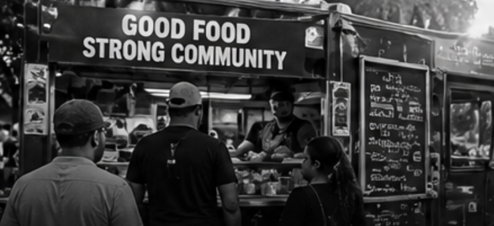 People gathered at a community food vendor
