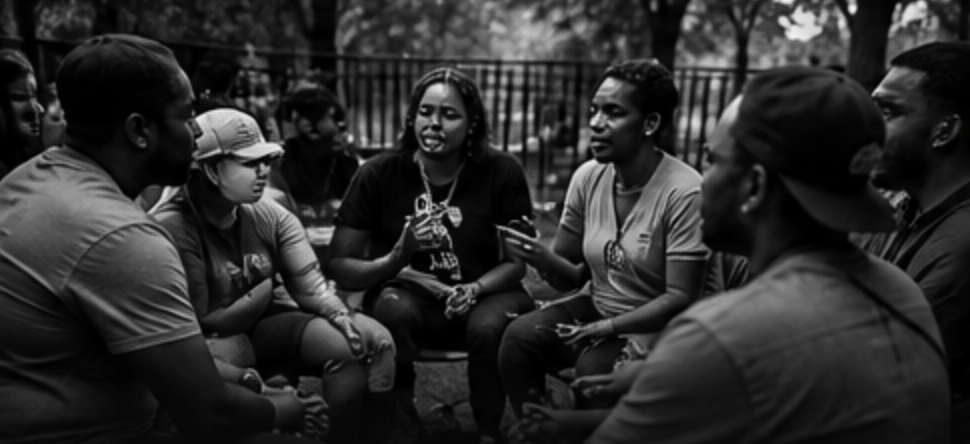 People taking part in a small outdoor group discussion