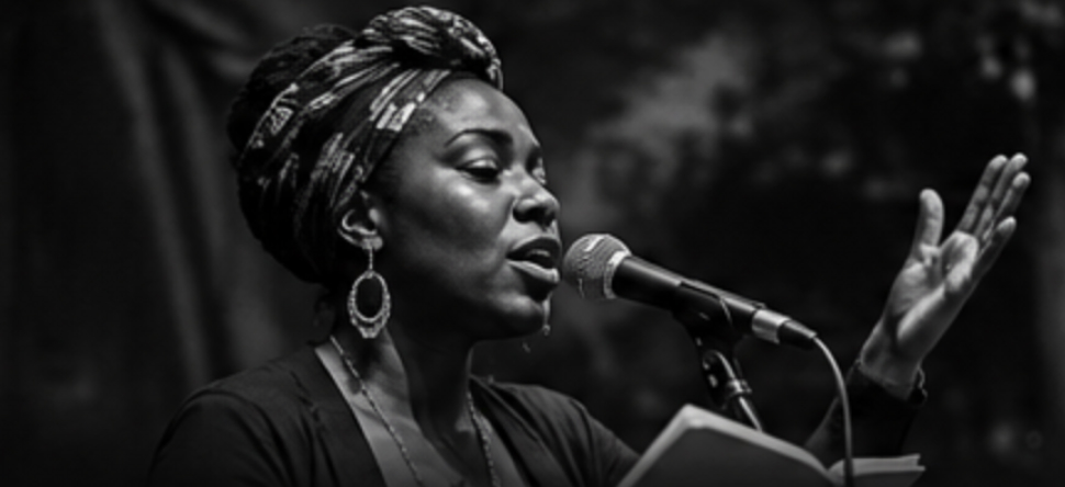 A spoken-word artist performing at a microphone