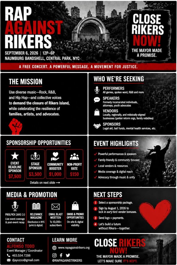 Preview of the Rap Against Rikers event overview flyer