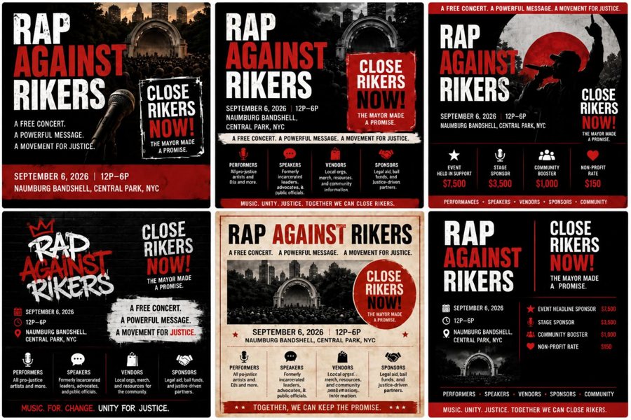 Preview sheet of Rap Against Rikers social flyers