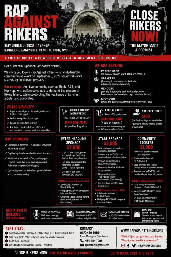 Preview of the Rap Against Rikers sponsor and vendor information flyer