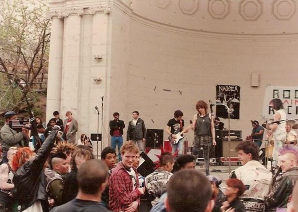 Archival photograph of a Rock Against Racism-era concert at the Naumburg Bandshell in Central Park.